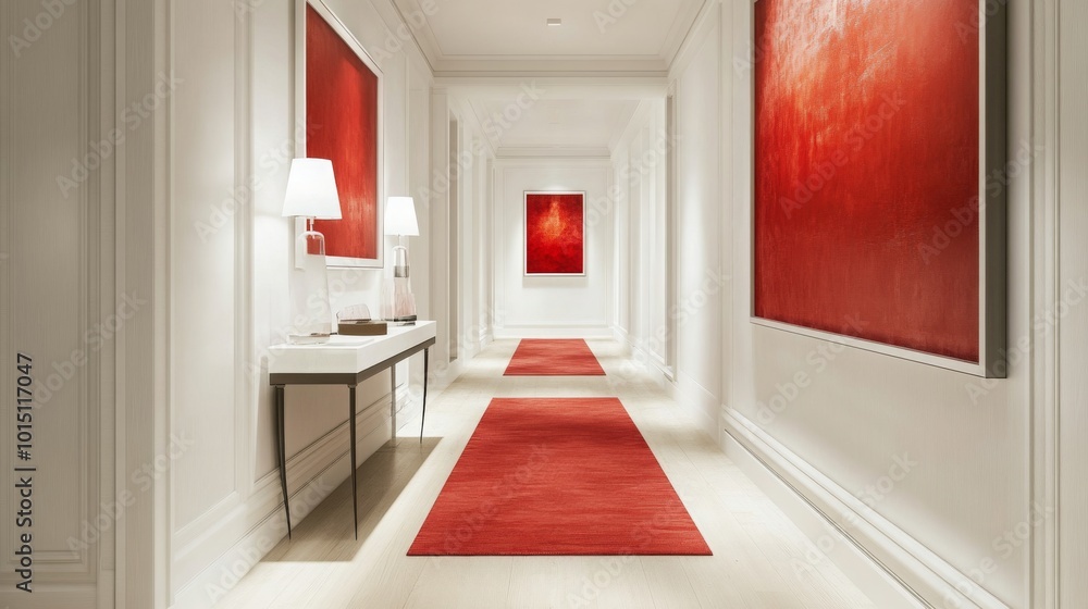 Aufkleber a stylish corridor features vibrant red artwork adorning the walls. the space is enhanced by soft li