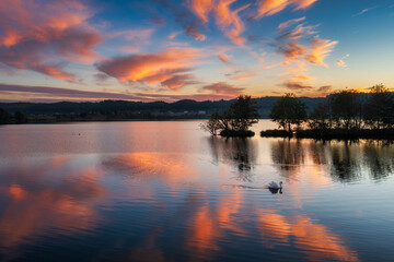 Amazing sunset over Lake Orle near Wejherowo. Poland