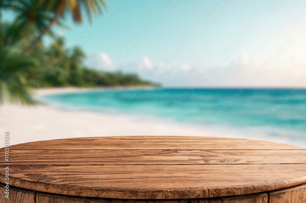 Poster empty wooden table top on blurred tropical beach background with palm trees