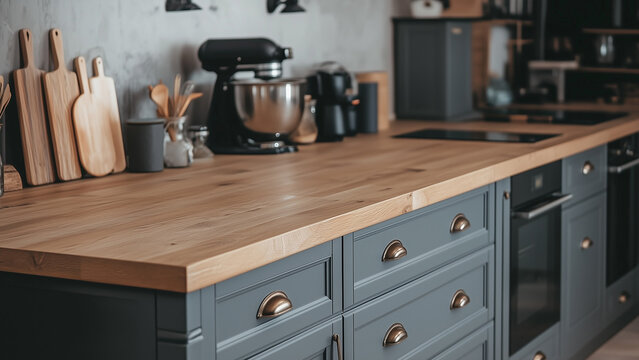  Front view of elegant interior with gray drawers under kitchen cabinet. empty wooden table in room. modern equipment for cooking. well organized space for storage food products, film style