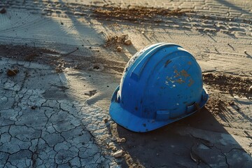 worn blue safety helmet resting on textured concrete at construction site, dramatic orange sunlight creating long shadows, sense of end of workday