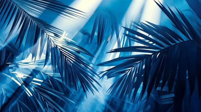 Sunlight streams through blue palm leaves, creating a vibrant and tranquil scene