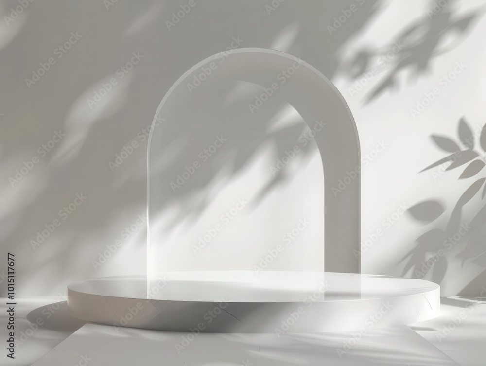 Poster minimalist product podium floating in ethereal white space, soft shadows creating depth, clean lines