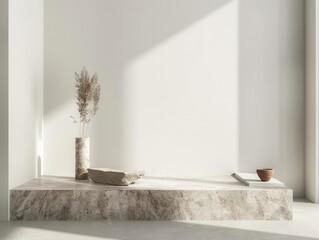 minimalist product display featuring geometric stone podium in stark white room, subtle shadows and clean lines creating an air of luxury and sophistication
