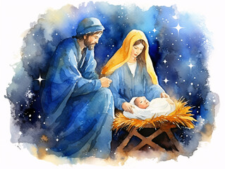 Holy Night Scene: Birth of Jesus Christ. The Holy Family. Christmas motif. Watercolor illustration.