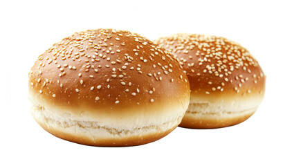 Two sesame seed burger buns isolated on a white or clear background.