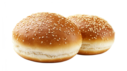 Two sesame seed burger buns isolated on a white or clear background.