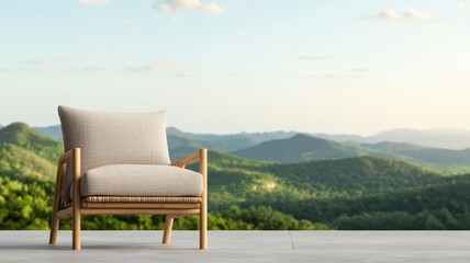 Fototapeta premium Cozy chair overlooking serene mountain landscape, inviting relaxation and tranquility. Bamboo eco-friendly furniture concept