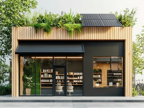 Modern eco-barber shop exterior with natural wood elements, solar panels, and green wall, Barber Shop, Eco-Friendly Modern