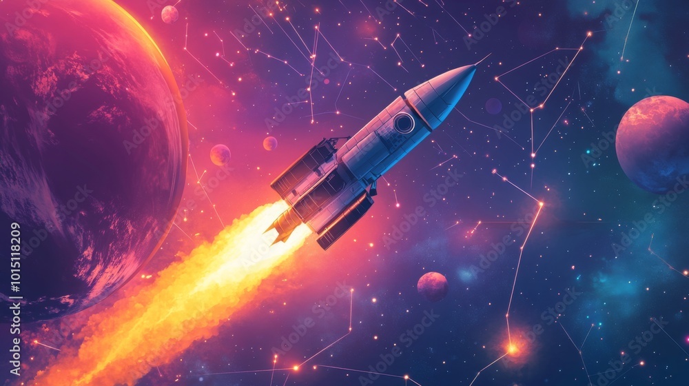 Aufkleber A rocket blasts off into the vivid depths of space, leaving a trail of bright flames behind. Surrounding it are colorful planets and twinkling stars, creating a breathtaking cosmic backdrop.