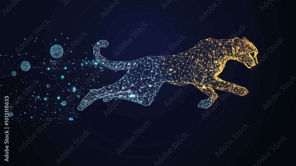 Poster low poly cheetah in motion - vector mesh spheres from flying debris - polygonal thin line concept of