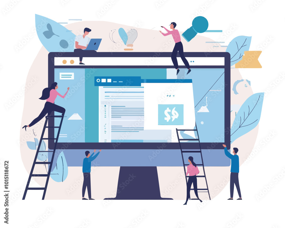 Poster flat vector illustration of website development and seo optimization with business people designing 