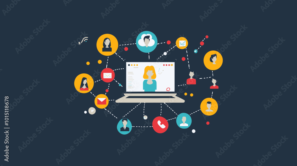 Poster social network connection illustration, depicting online communication, digital interaction, and net