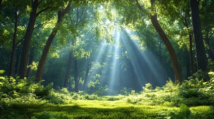 Obraz premium Glowing Light Beams Through Dense Fog in Forest Setting