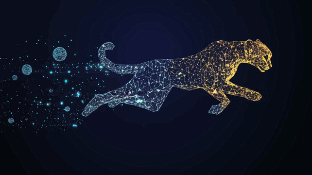 Low Poly Cheetah in Motion - Vector Mesh Spheres from Flying Debris - Polygonal Thin Line Concept of a Jumping Guepard - Flat Minimalist SVG Vector for Speed and Agility Themes