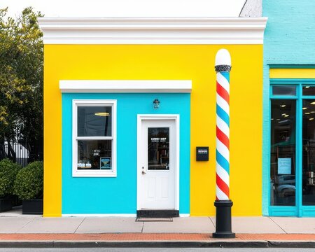 Small neighborhood barber shop with vibrant colors, classic barber pole, and friendly signage, Barber Shop, Neighborhood Charm