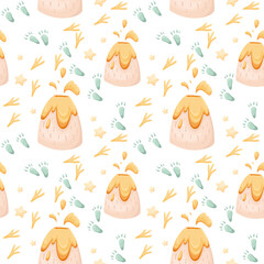Vector children's seamless pattern with volcano and dino tracks, on a white background. Ideal for children's clothing, textiles, wallpaper, wrapping paper. Patern with volcano and footprints