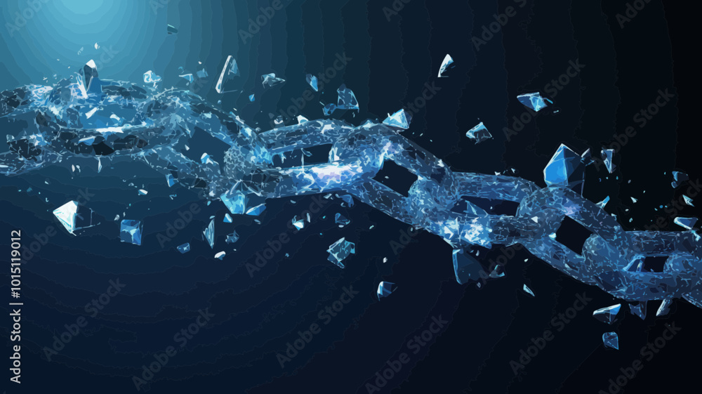 Aufkleber polygonal broken chain exploding into debris mesh spheres - business freedom and breakthrough concep