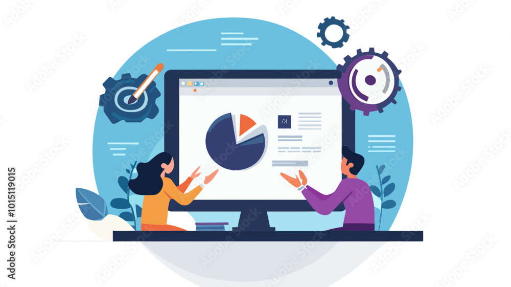Poster collaborative business development concept. flat vector illustration depicting teamwork with data an