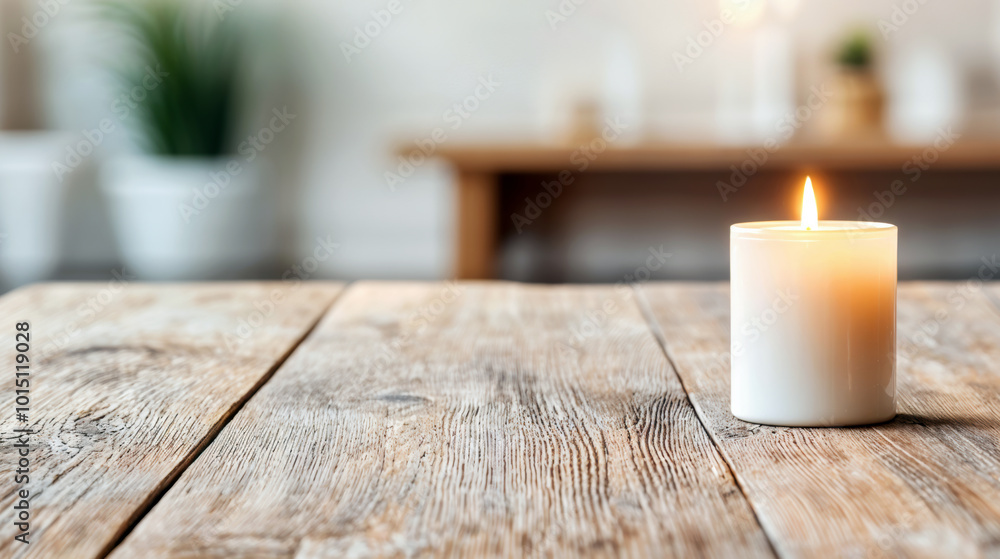 Poster burning candle resting on a rustic wooden table creating a cozy ambiance