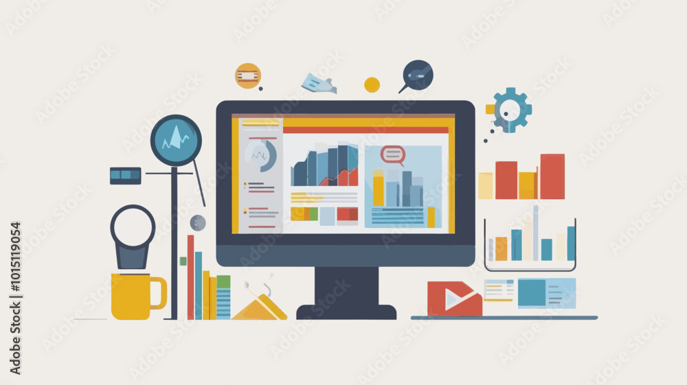Poster flat design modern vector illustration concept for seo and digital marketing with graphs, charts, an