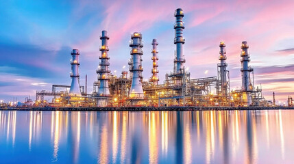 Obraz premium Industrial Complex at Sunset with Reflective Water