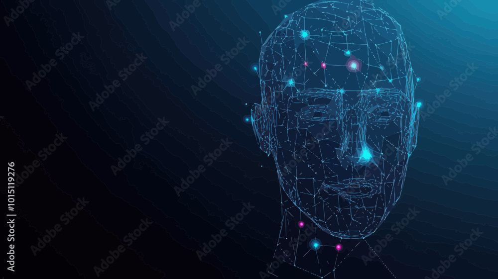 Poster futuristic low poly face recognition wireframe banner with 3d mesh art and connected dots for smart 
