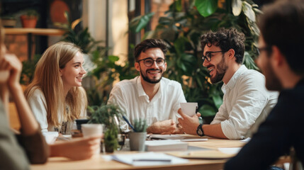 Three people sitting at table talking, animated expressions, coffee cups in hand, sunny caf? background.