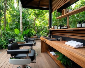 Outdoor barber shop setup with natural wood, open-air seating, and lush greenery, Barber Shop, Outdoor Relaxation