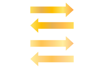 Golden direction arrow, right, left, up, down. Gradient golden arrow isolated on transparent background. Arrows set
