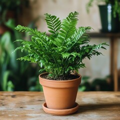 Fototapeta premium A lush green plant growing in a simple terracotta pot, radiating freshness and life