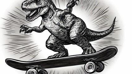 A Tyrannosaurus Rex rides a skateboard, carving through the air with speed and style - Powered by Adobe