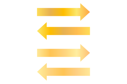 Golden direction arrow, right, left, up, down. Gradient golden arrow isolated on transparent background. Arrows set