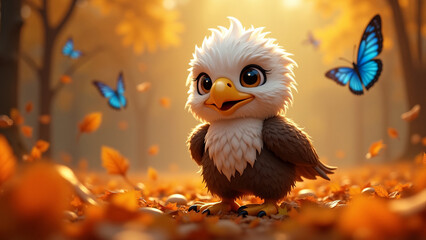 Naklejka premium Autumn cute animals - A charming 3D cartoon-style scene featuring an adorable eagle with large, expressive eyes among fallen autumn leaves. Blue butterflies flutter around. Warm magical atmosphere