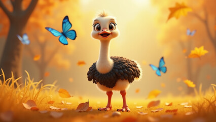 Autumn cute animals - A charming 3D cartoon-style scene featuring an adorable ostrich with large, expressive eyes among fallen autumn leaves. Blue butterflies flutter around. Warm magical atmosphere