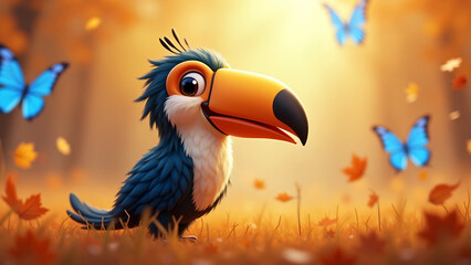Autumn cute animals - A charming 3D cartoon-style scene featuring an adorable toucan with large, expressive eyes among fallen autumn leaves. Blue butterflies flutter around. Warm magical atmosphere