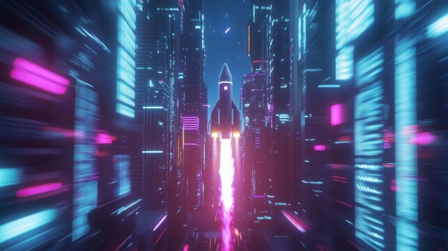 A white rocket ship blasts off into the night sky, surrounded by neon lights in a futuristic city. - Powered by Adobe