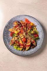 Delicious salad with grilled eggplant, tomatoes and sesame seeds served on ceramic plate