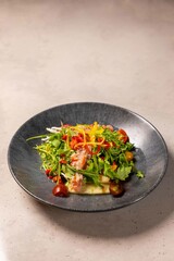 Gourmet salad with smoked salmon and avocado on a modern plate