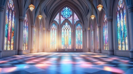 Obraz premium Stained Glass Windows in a Dark Cathedral Interior