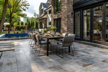 Grey porcelain pavers creating an elegant outdoor dining area near a swimming pool and house.