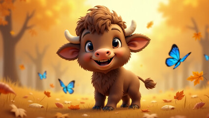Autumn cute animals - A charming 3D cartoon-style scene featuring an adorable bison with large, expressive eyes among fallen autumn leaves. Blue butterflies flutter around. Warm magical atmosphere