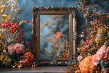 Elegancka, ozdobna ramka z odbiciem rozmytych kwiatów, otoczona suchymi i świeżymi roślinami w stonowanych kolorach. Tworzy romantyczny, jesienny nastrój.