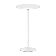 White blank round countertop bar table on single metal leg. Realistic 3d vector mockup. High pedestal chrome base circular counter desk. Mock-up
