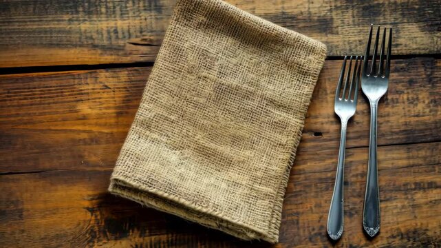 A burlap napkin lies on a wooden table, next to two silver forks