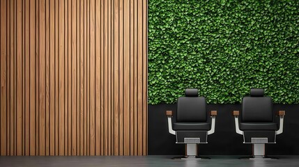 Luxury eco-friendly barber shop exterior with wooden panels, green wall, and solar-powered lighting, Barber Shop, Luxury Eco-Design