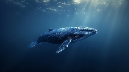 A simple, elegant silhouette of a whale swimming against a vast, empty ocean, with the whale rendered in a single, solid color