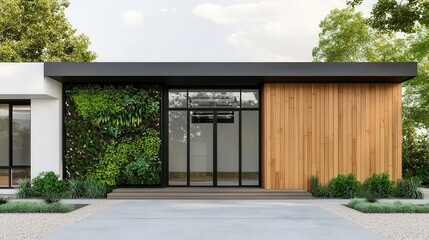 Eco-friendly barber shop facade with reclaimed wood panels, vertical garden, and solar roof, Barber Shop, Sustainable Design