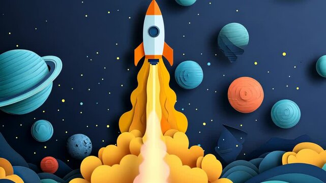 A rocket blasts off into space, surrounded by colorful planets and stars