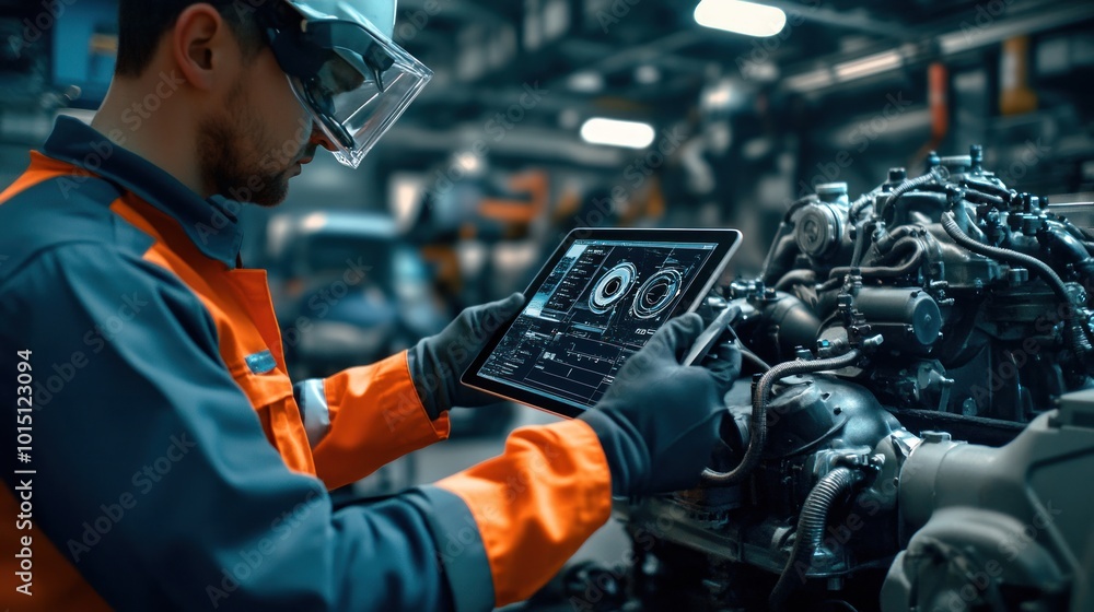 Poster ar engine inspection: technicians using tablet-based augmented reality software for vehicle maintena
